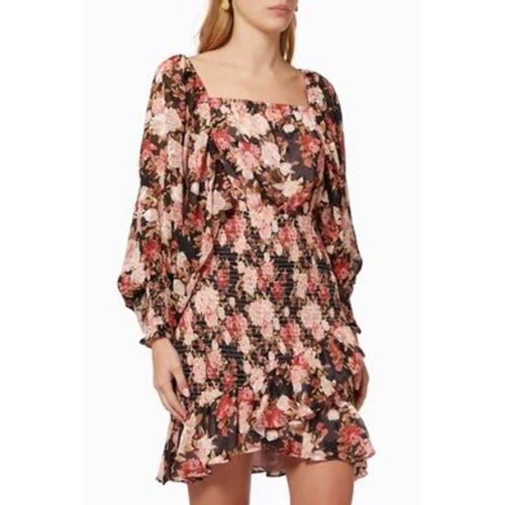 ELLIATT Occident Mini Dress Size XS Floral Print Black Pink Puff Sleeve Smocked